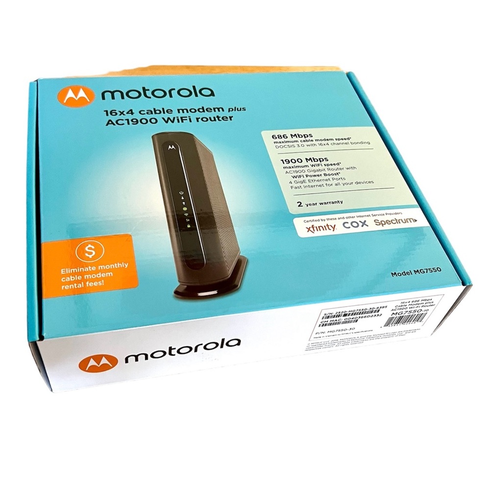Modem router combo Motorola MG7550 16x4 cable modem plus AC1900 WiFi router